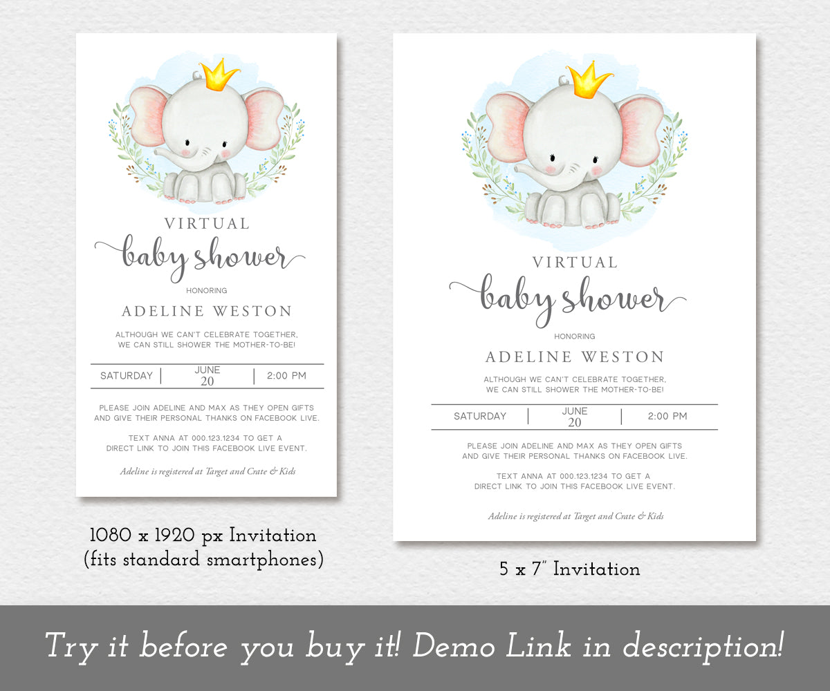 Virtual Baby Shower Invitation, Elephant Baby Shower, Boy Baby Shower, Long Distance Shower, Instant Download, Editable Template