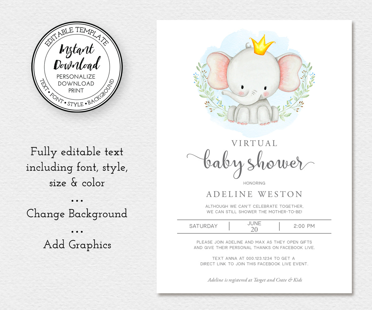 Virtual Baby Shower Invitation, Elephant Baby Shower, Boy Baby Shower, Long Distance Shower, Instant Download, 5 x 7" Editable Template
