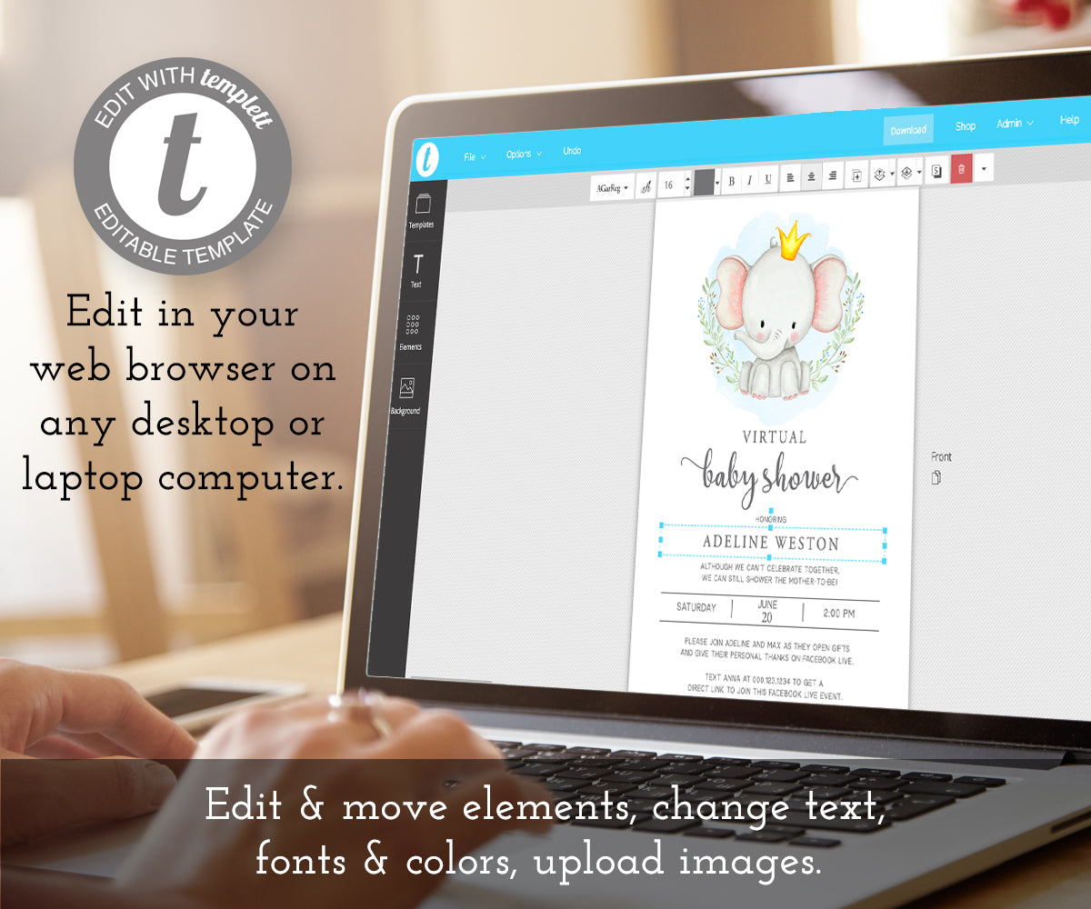 Virtual Baby Shower Invitation, Elephant Baby Shower, Boy Baby Shower, Long Distance Shower, Instant Download, How to Edit Template in Templett