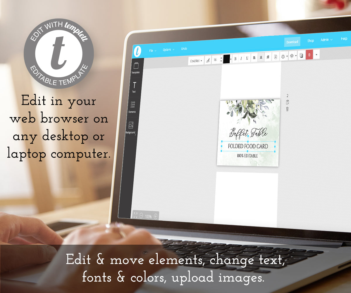 Greenery Baby shower buffet food card shown on computer screen being edited at templett.com