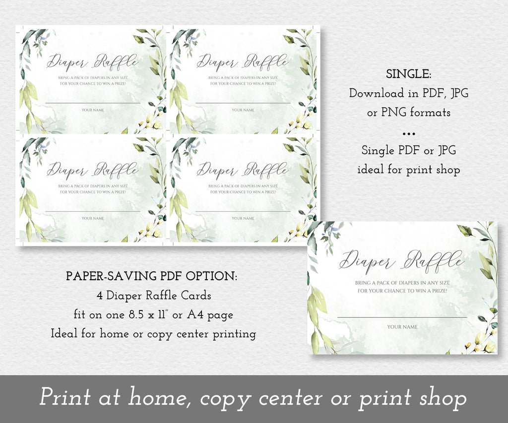 paper saver option, greenery diaper raffle cards