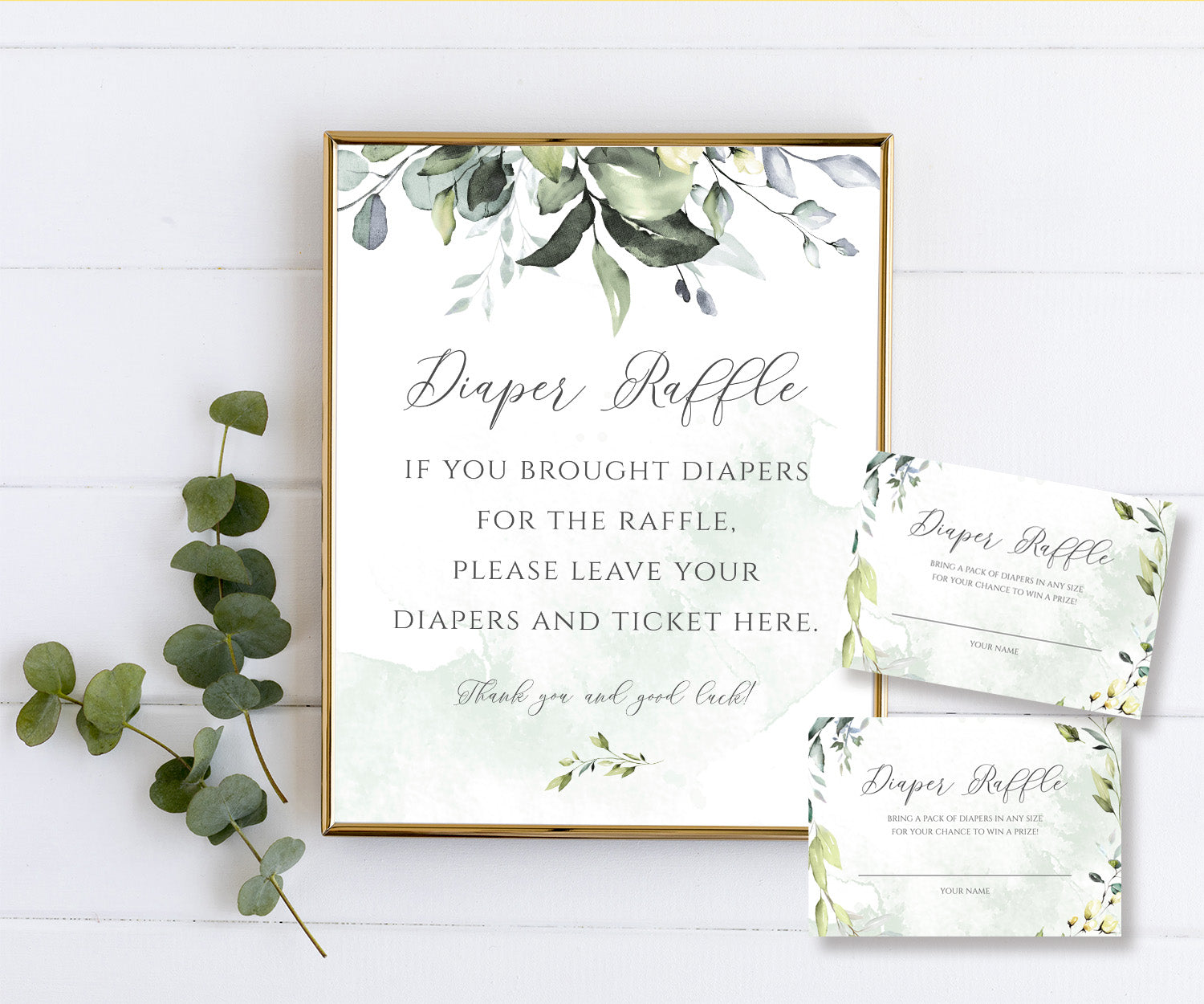 Greenery diaper raffle sign and entry ticket, editable templates for baby shower games