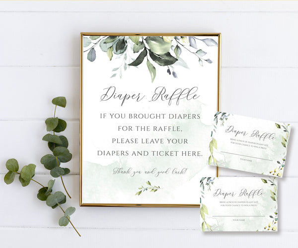 Greenery diaper raffle sign and entry ticket, editable templates for baby shower games