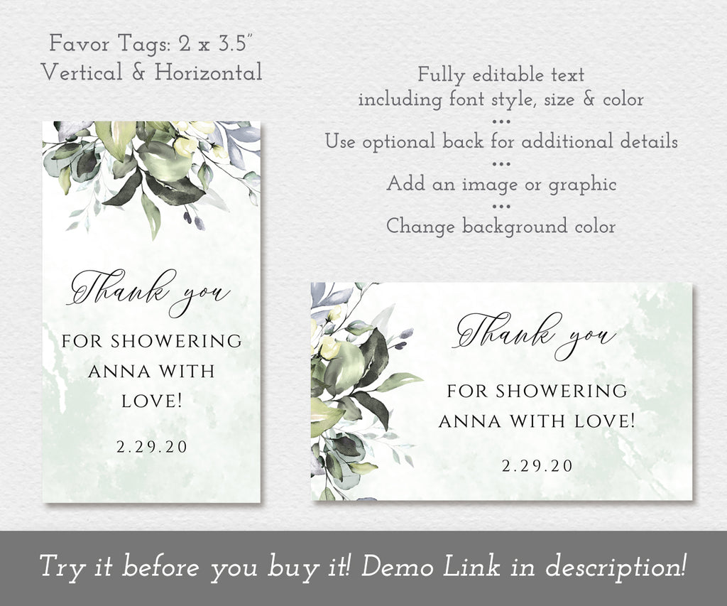 Greenery baby shower favor tags, landscape and portrait, editable templates, script and serif text