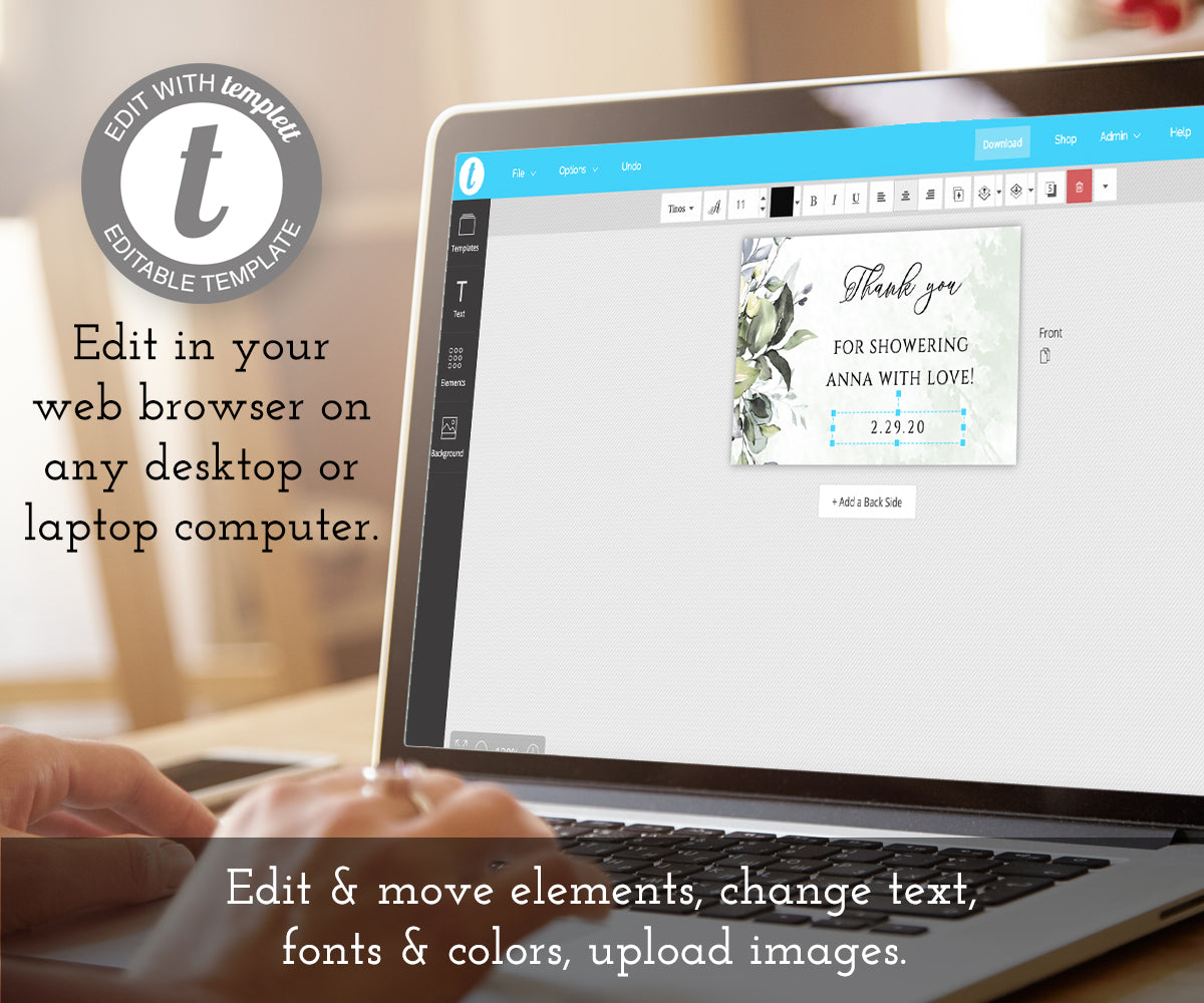 Greenery baby shower favor tag editable template shown on computer screen