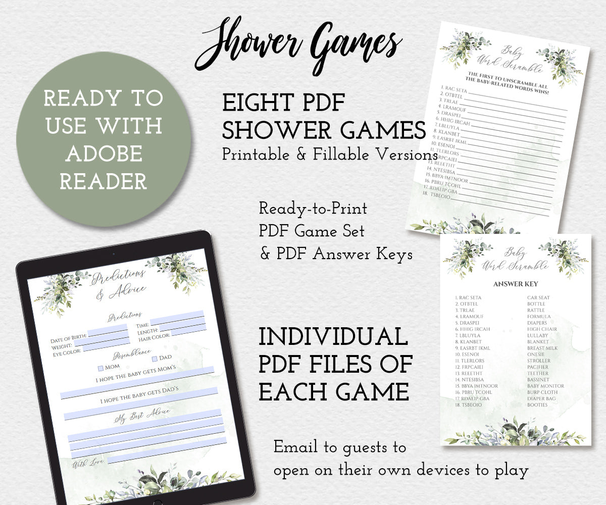 Greenery baby shower game pdf files, use with adobe reader