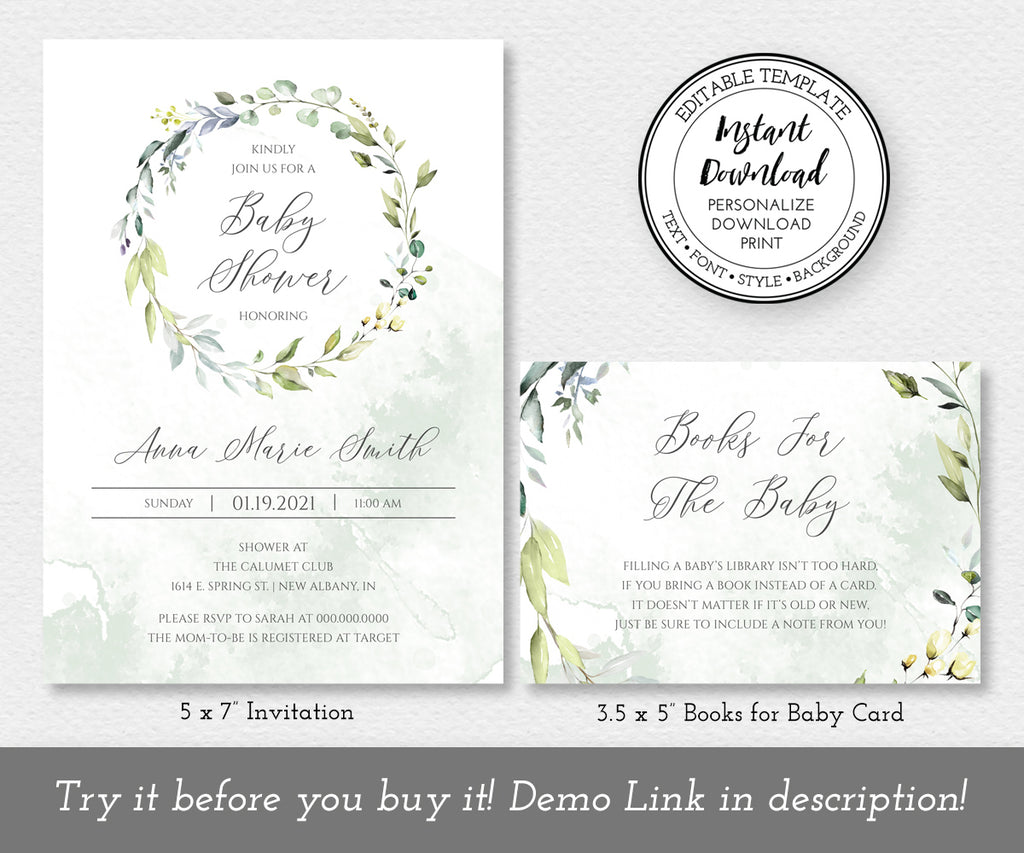 Greenery baby shower invitation & books for baby card