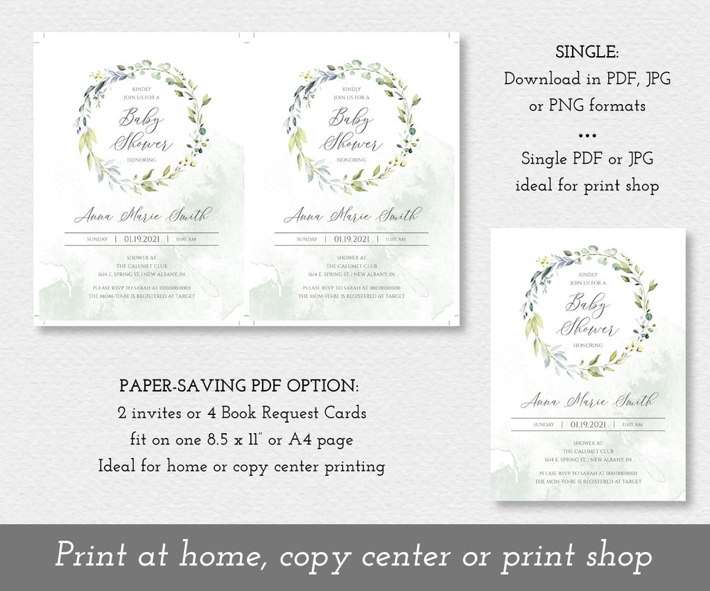 paper saver option, greenery baby shower invitation template