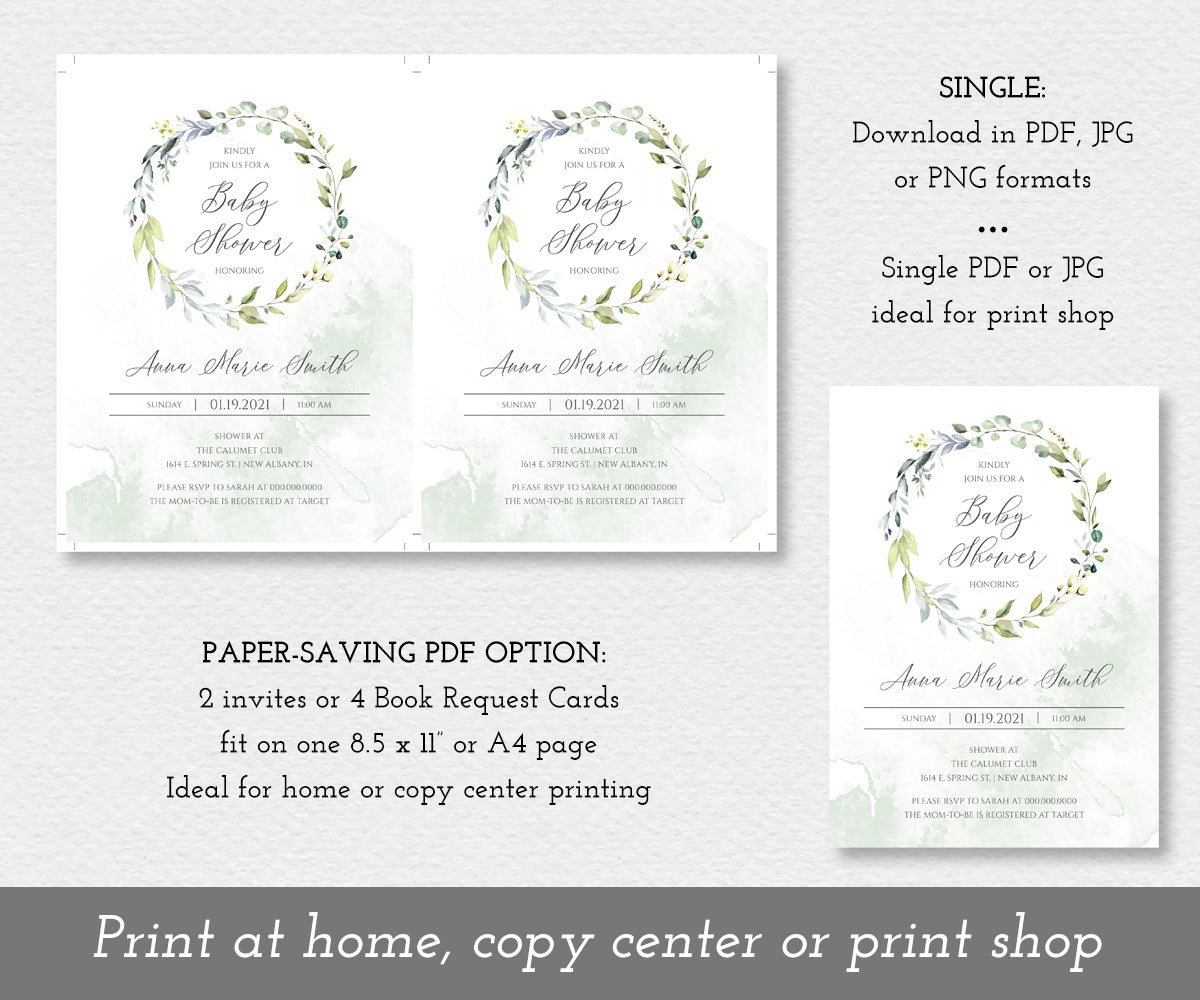 paper saver option, greenery baby shower invitation template