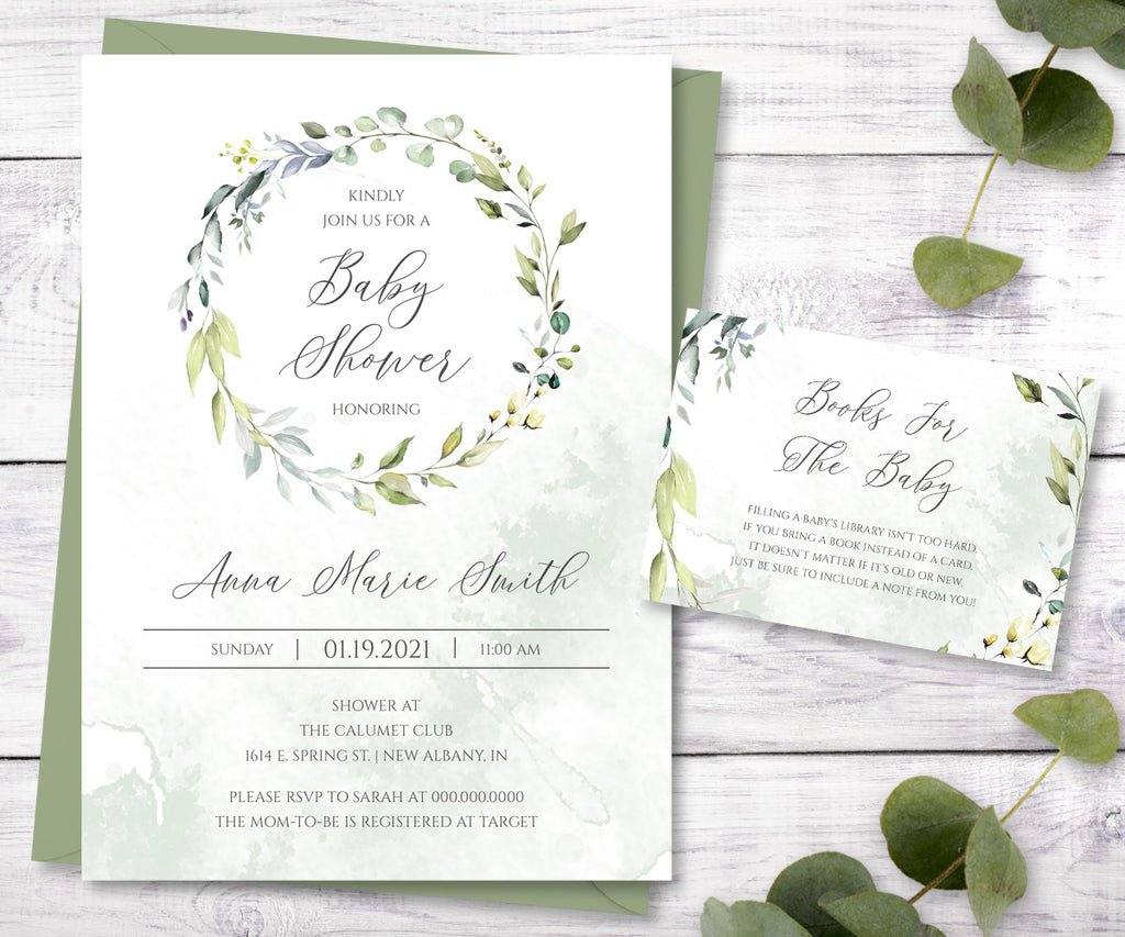 Greenery baby shower invitation and books for baby card, editable templates