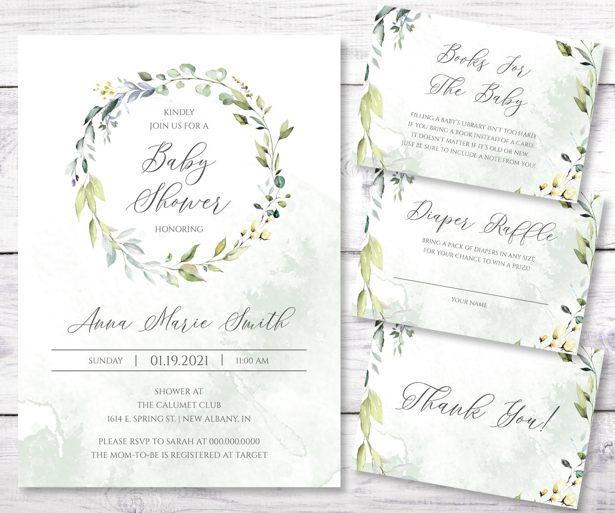 Greenery baby shower invitation, books for baby card, diaper raffle, and thank you card templates