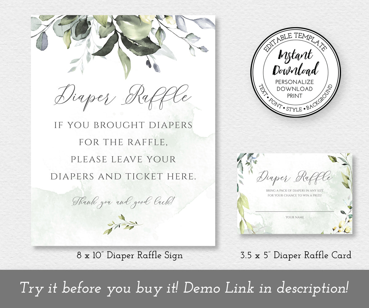 greenery baby shower diaper raffle sign and diaper raffle card