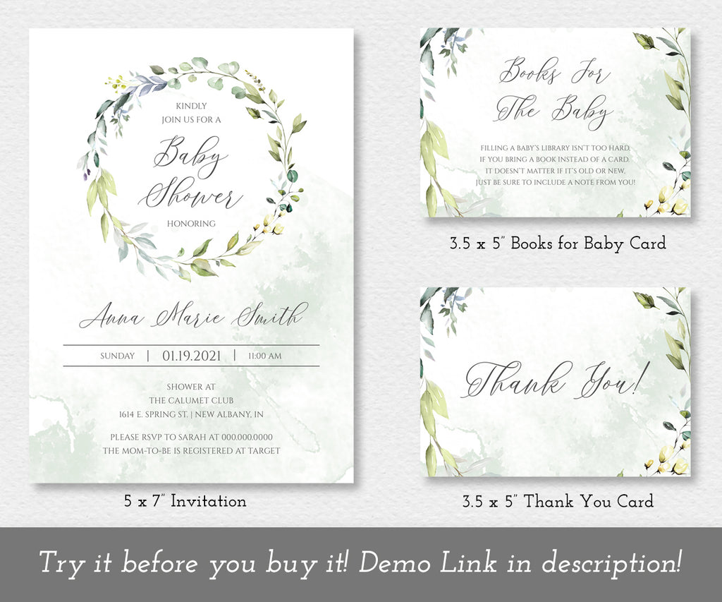 greenery baby shower invitation, books for baby card and thank you card