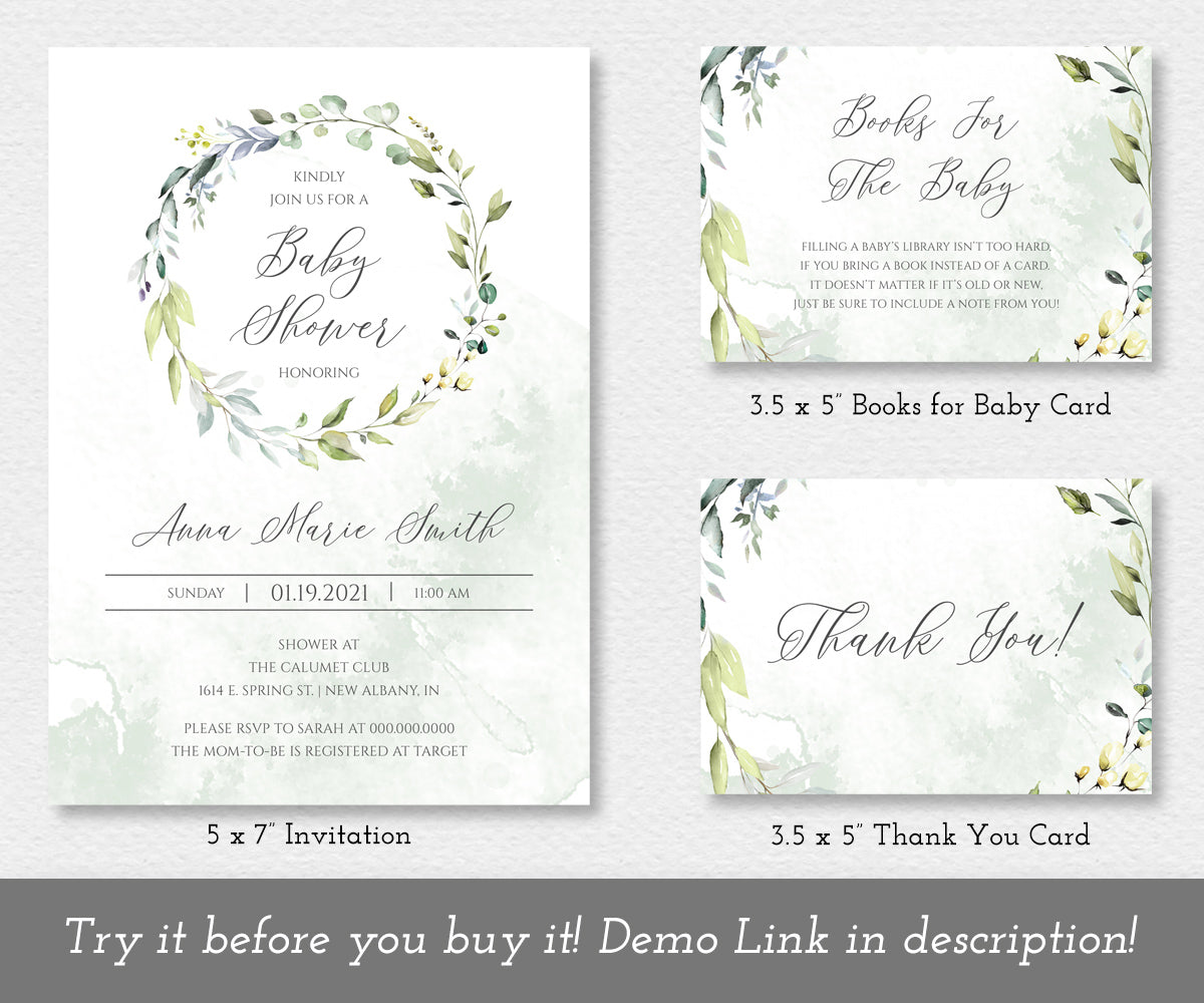greenery baby shower invitation, books for baby card and thank you card