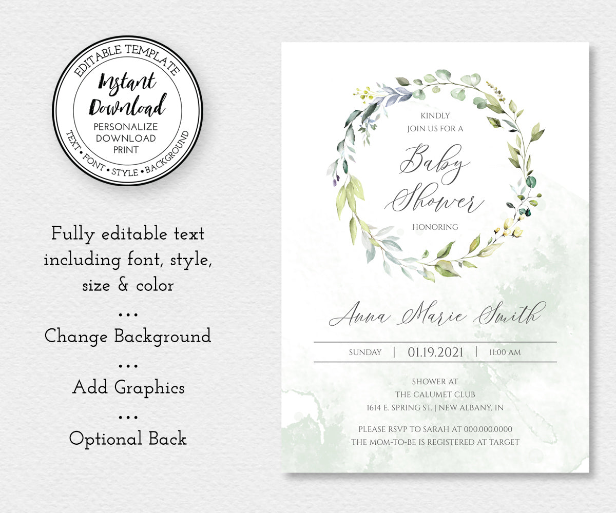 greenery baby shower invitation editable template