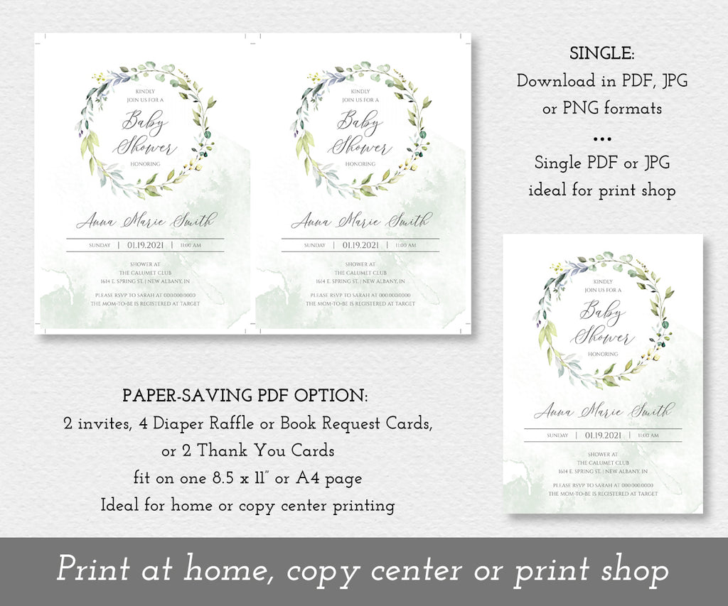 paper saver option, greenery baby shower invitation