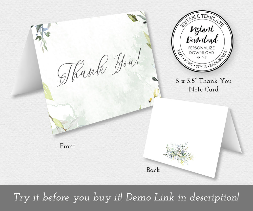 Greenery thank you card, front and back