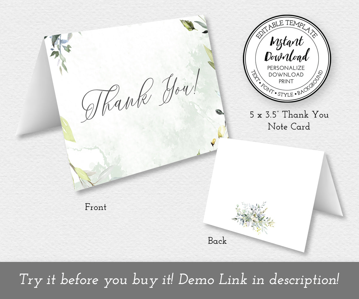 Greenery thank you card, front and back.