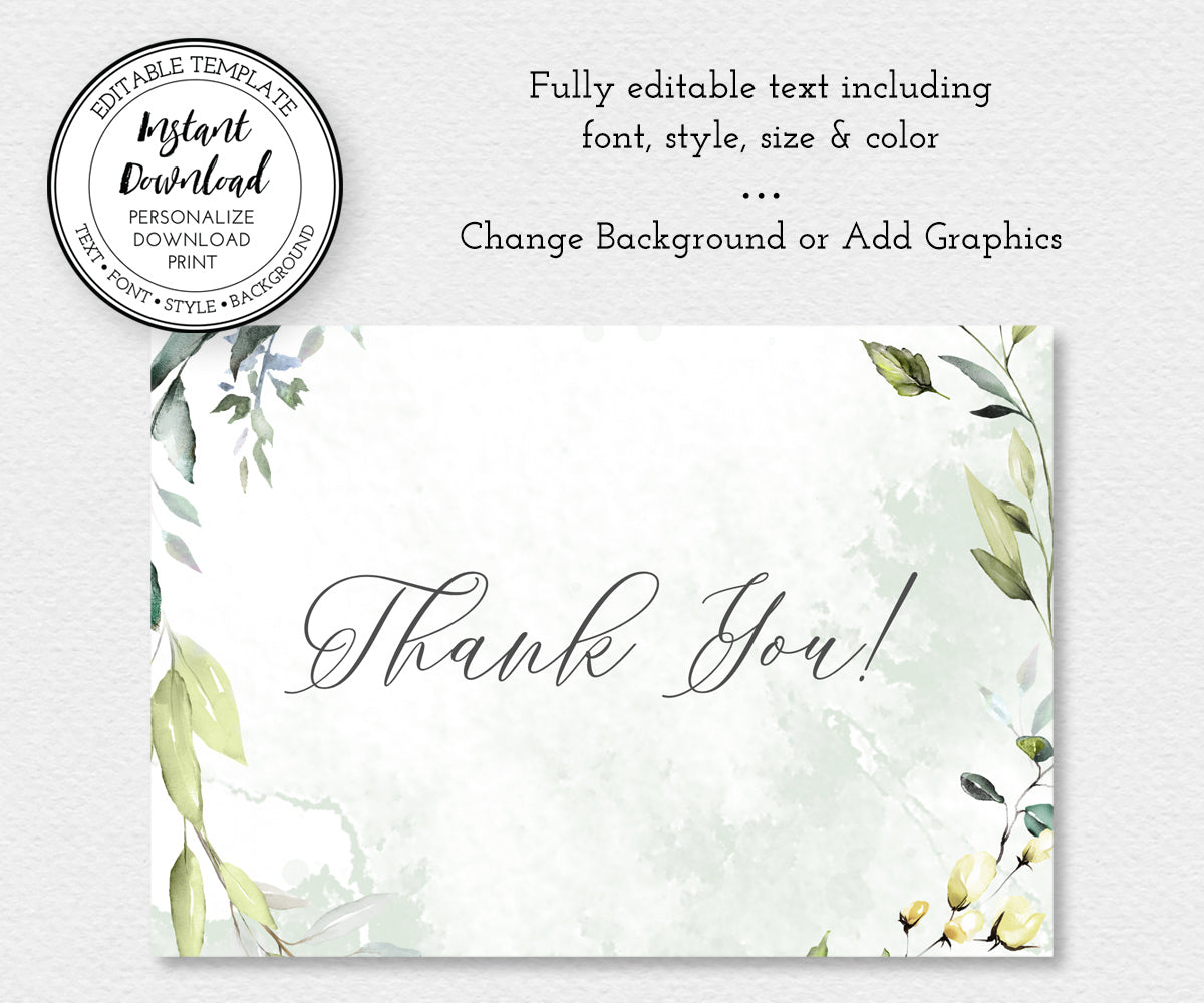 Greenery thank you card editable template.