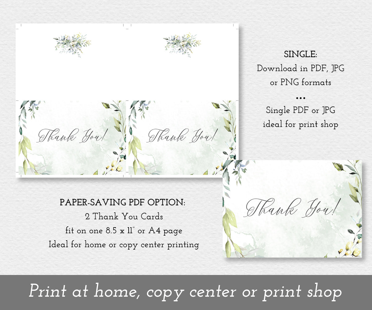 Download options for greenery thank you card, two per sheet or single card.