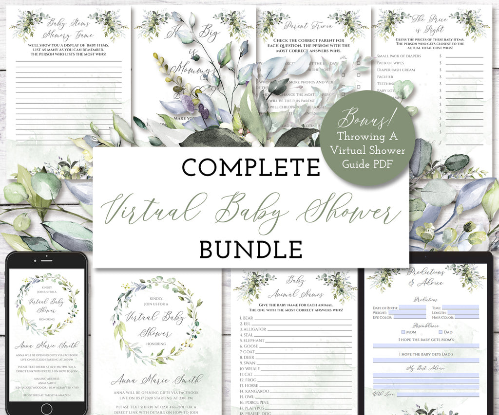 Greenery virtual baby shower bundle, invitation, games, zoom background, thank you card