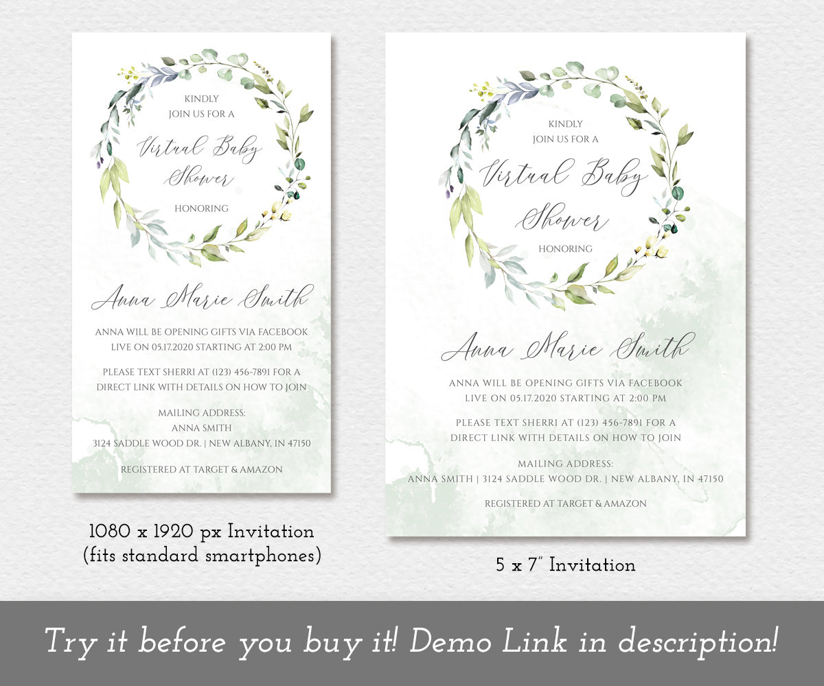 Greenery virtual baby shower, 1080 x 1920 px invitation, 5 x7" invitation templates