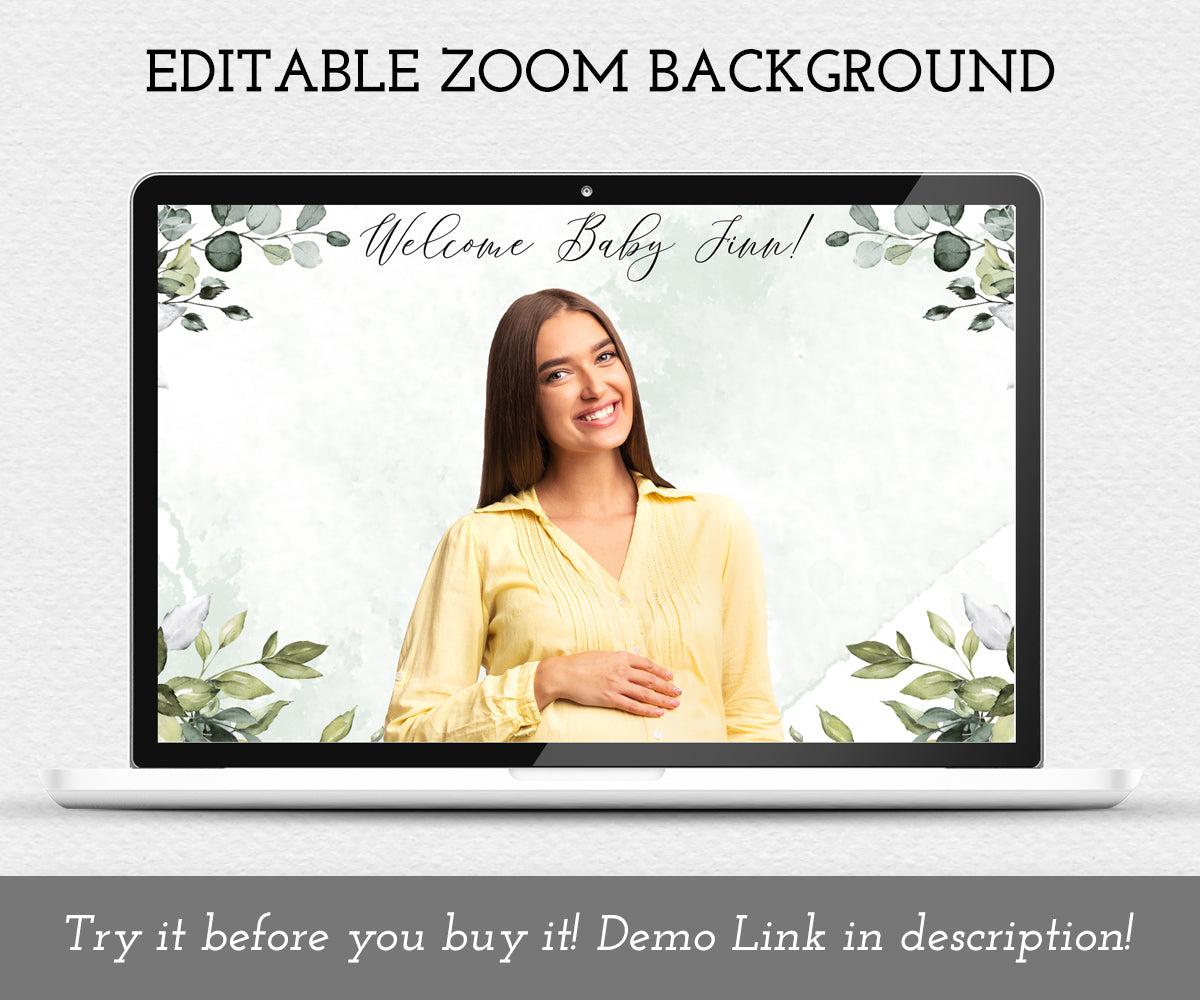 Greenery Virtual baby shower editable zoom background