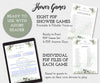 Greenery virtual baby shower games, fillable and printable game cards