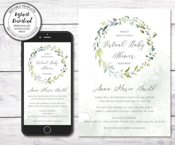 Greenery Virtual baby shower invitation templates, iPhone and 5 x 7 sizes