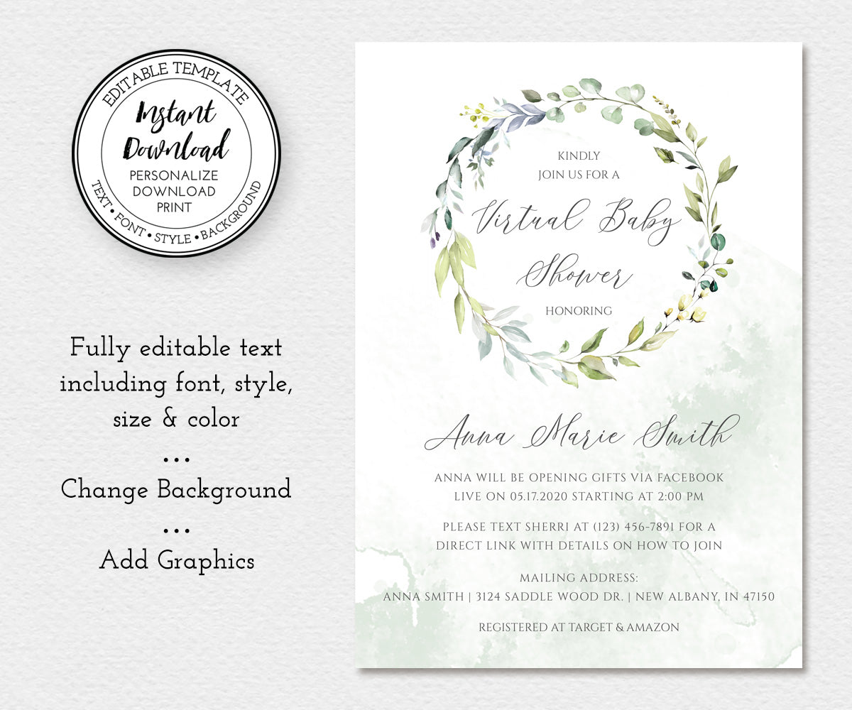 Editable Virtual baby shower invitation, Greenery Gender Neutral Design