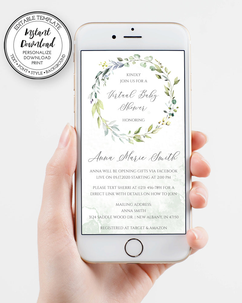 smart phone format of virtual baby shower invitation, greenery gender neutral baby shower invitation