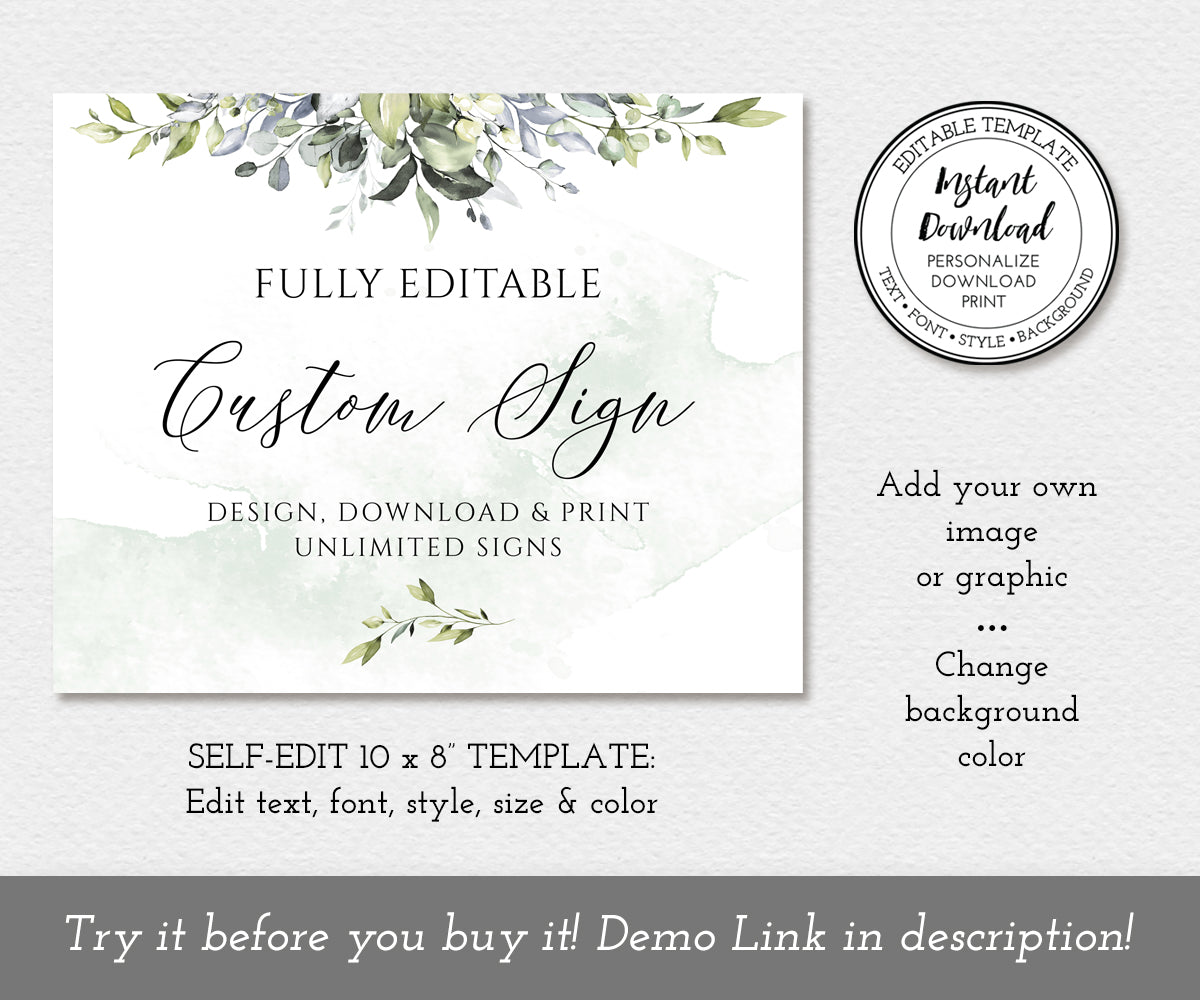 10 x 8" landscape, greenery baby shower custom sign editable template