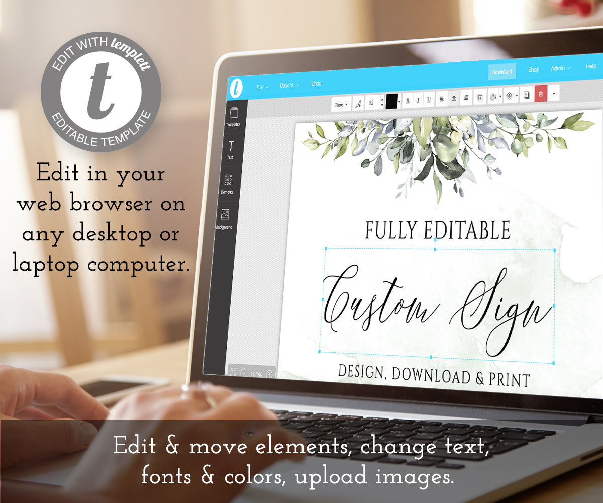 Greenery baby shower custom sign template shown on computer screen being edited on templett.com