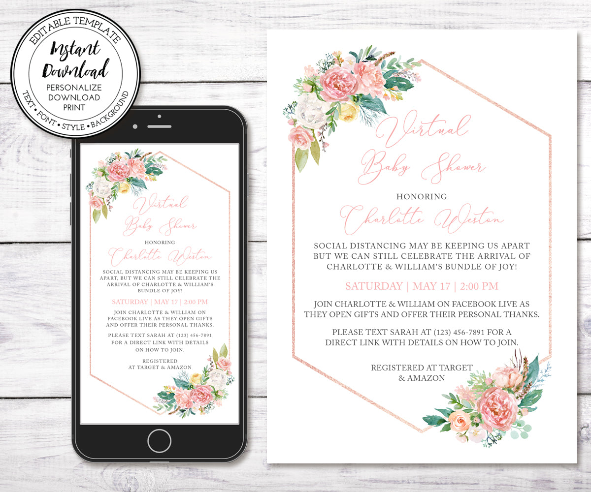 Floral Virtual Baby Shower Invitation, Editable Template, Long Distance Shower, Social Distancing Shower, Instant Download