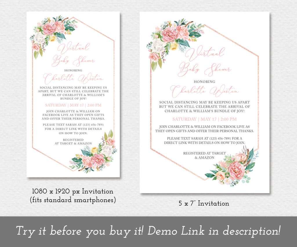 Floral Virtual Baby Shower Invitation, Editable Template, Long Distance Shower, Social Distancing Shower, Instant Download, two sizes