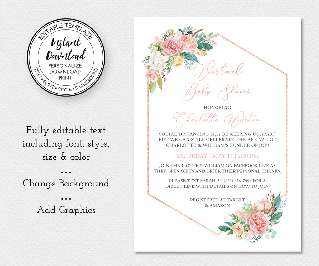 Floral Virtual Baby Shower Invitation, Editable Template, Long Distance Shower, Social Distancing Shower, Instant Download
