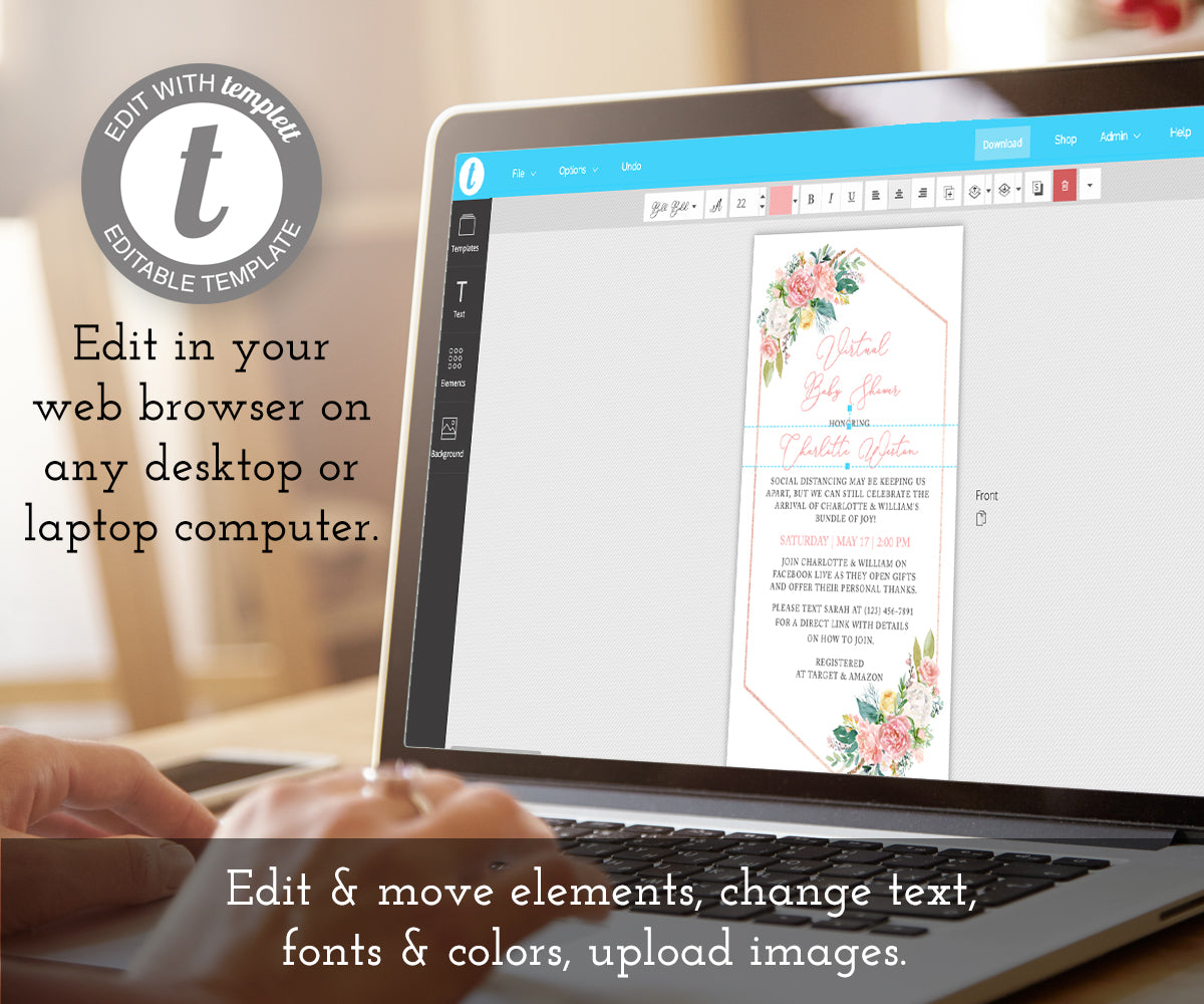 How to Edit, Floral Virtual Baby Shower Invitation, Editable Template, Long Distance Shower, Social Distancing Shower, Instant Download