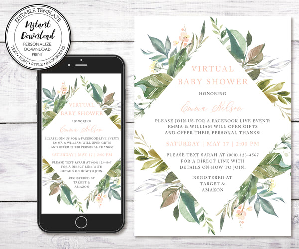 Greenery Virtual Baby Shower Invitation, Online Baby Shower, Digital Long Distance Shower, Instant Download, Editable Template