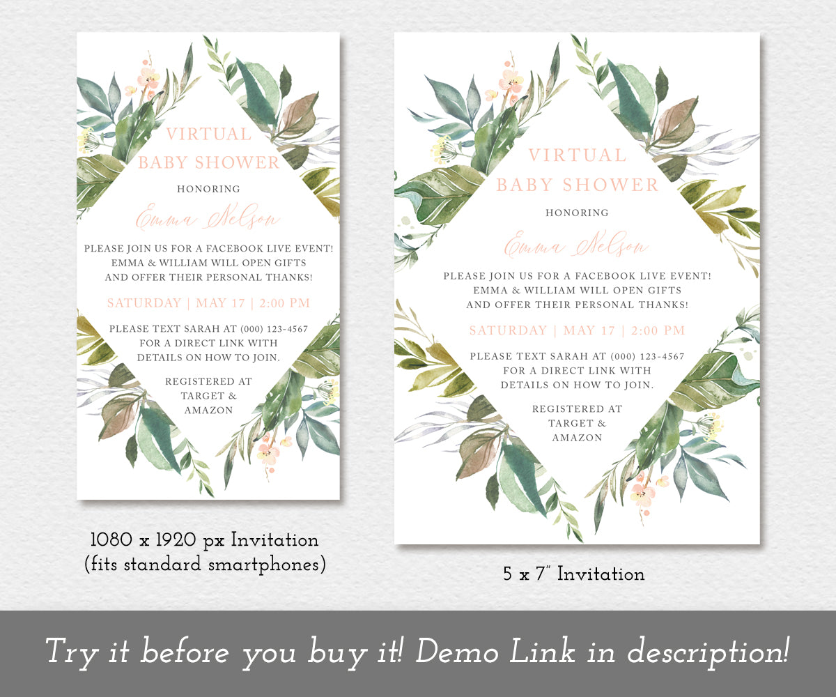 Greenery Virtual Baby Shower Invitation, Online Baby Shower, Digital Long Distance Shower, Instant Download, Editable Template