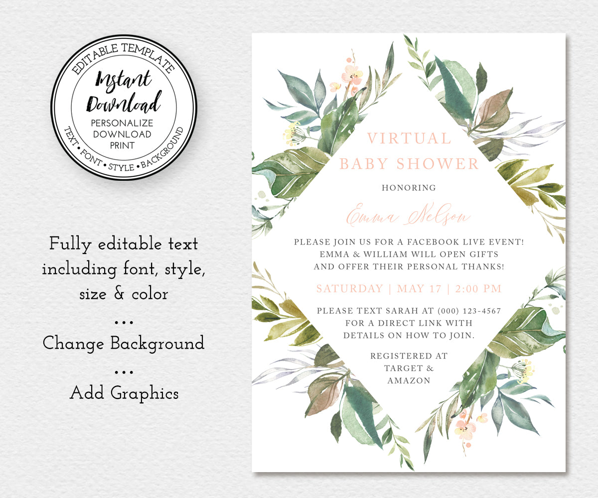 Greenery Virtual Baby Shower Invitation, Online Baby Shower, Digital Long Distance Shower, Instant Download, Editable Template