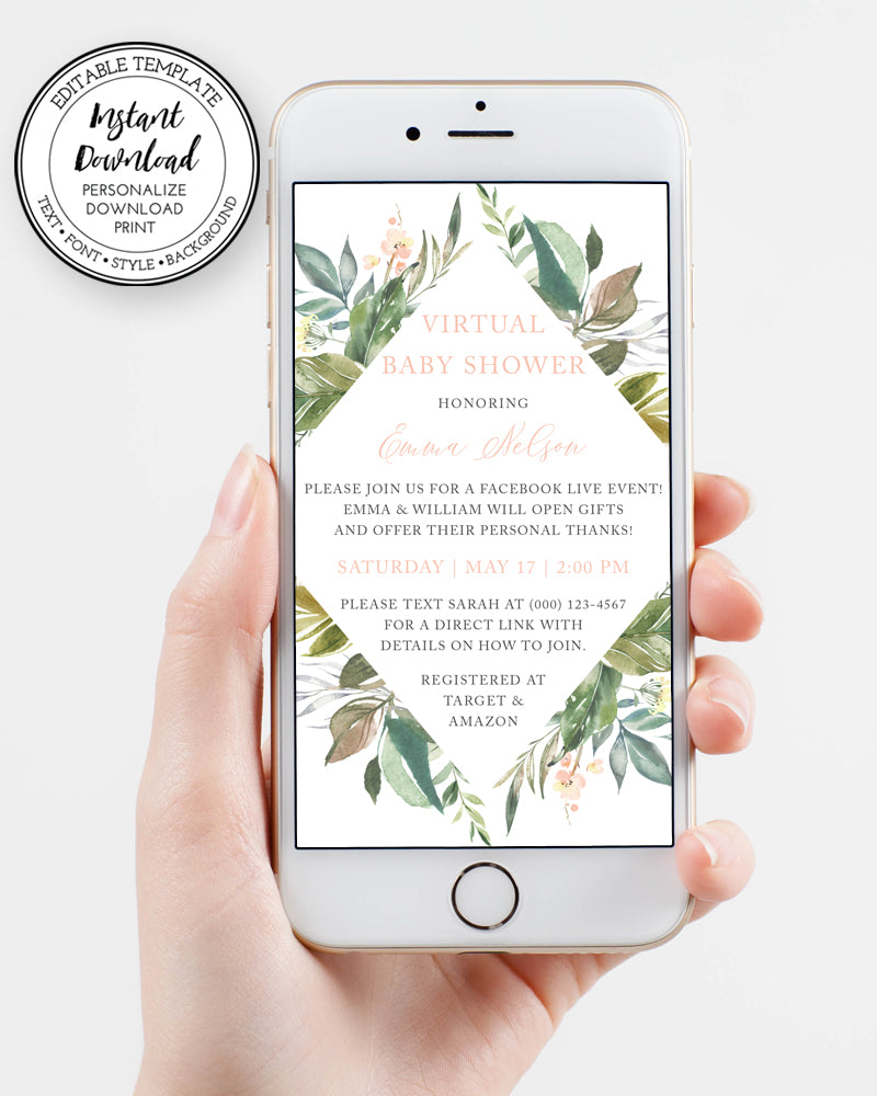 Greenery Virtual Baby Shower Invitation, Online Baby Shower, Digital Long Distance Shower, Instant Download, Editable Template, Iphone virtual invitation