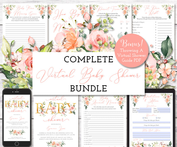 complete virtual baby shower bundle, pink blush gold floral, boho baby shower bundle, online baby shower