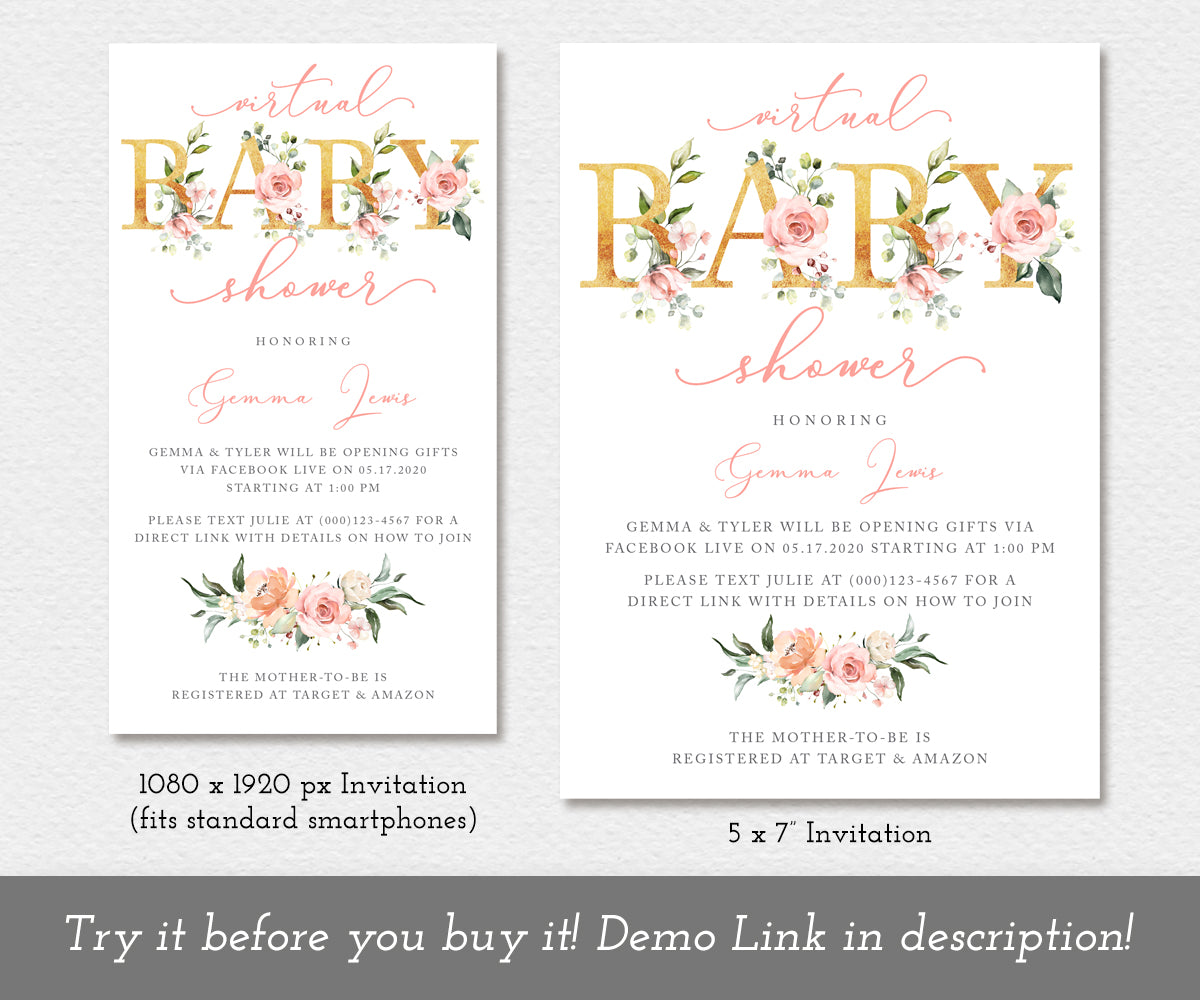Pink floral and faux gold, virtual baby shower invitation in two sizes