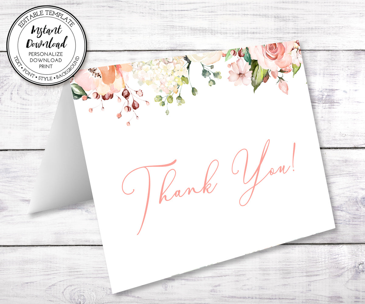 Pink blush floral, baby shower thank you card template.