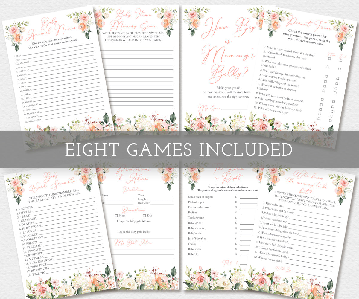 Baby in bloom floral baby shower set of 8 games.
