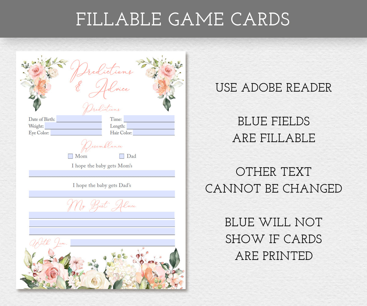 Pink blush floral, baby shower game, fillable PDF baby shower game card.