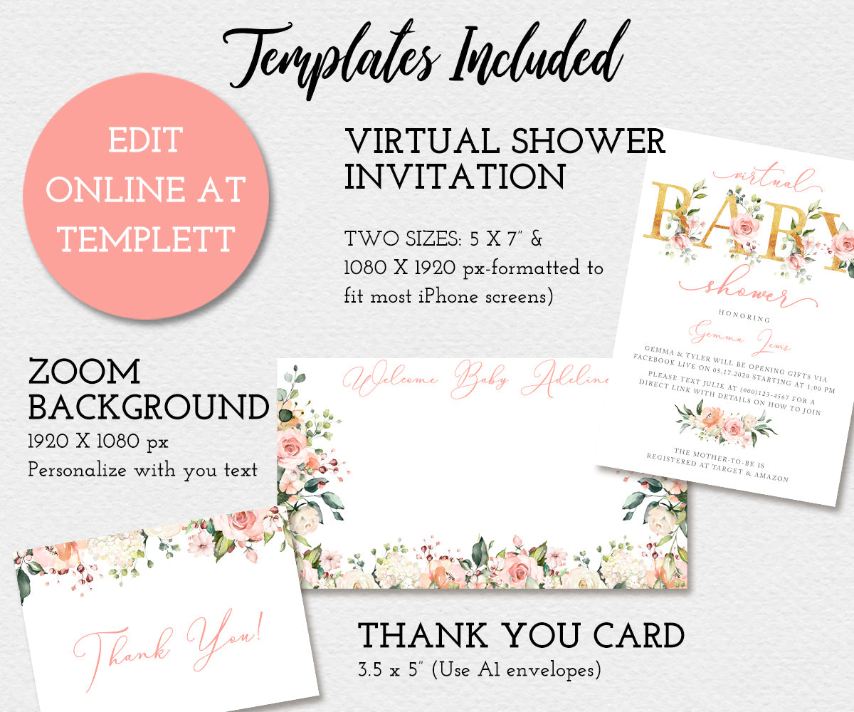 Pink blush floral, Editable templates included, zoom background, thank you card, baby shower invitation.