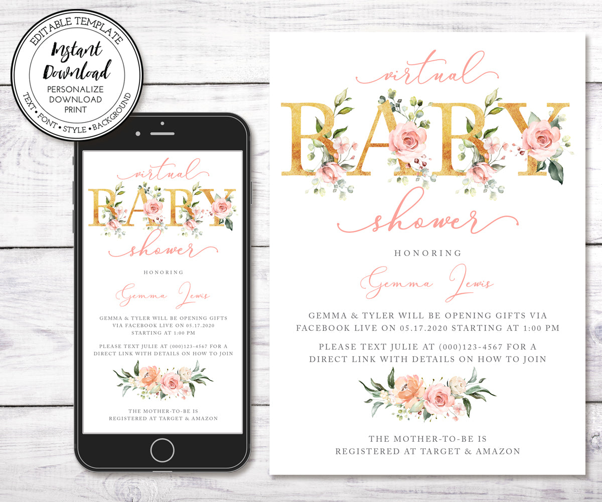 Baby Girl Virtual Baby Shower Invitation, Pink Gold Floral, Social Distancing Shower, Long Distance Shower, Editable Template