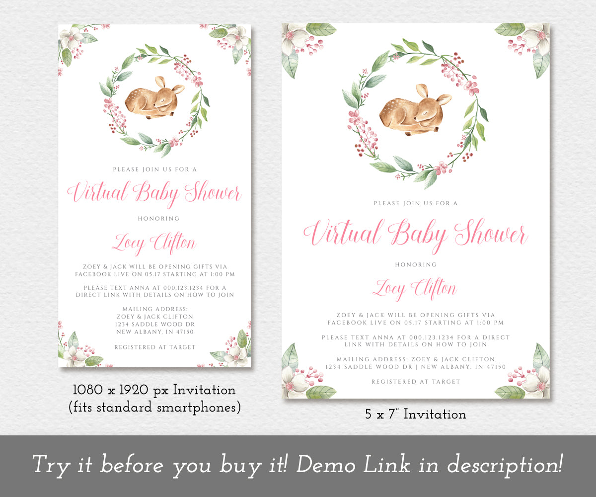 Two sizes, Deer Baby Shower Invitation, Editable Template, Virtual Baby Shower, Social Distancing Shower, Long Distance Shower, Instant Download