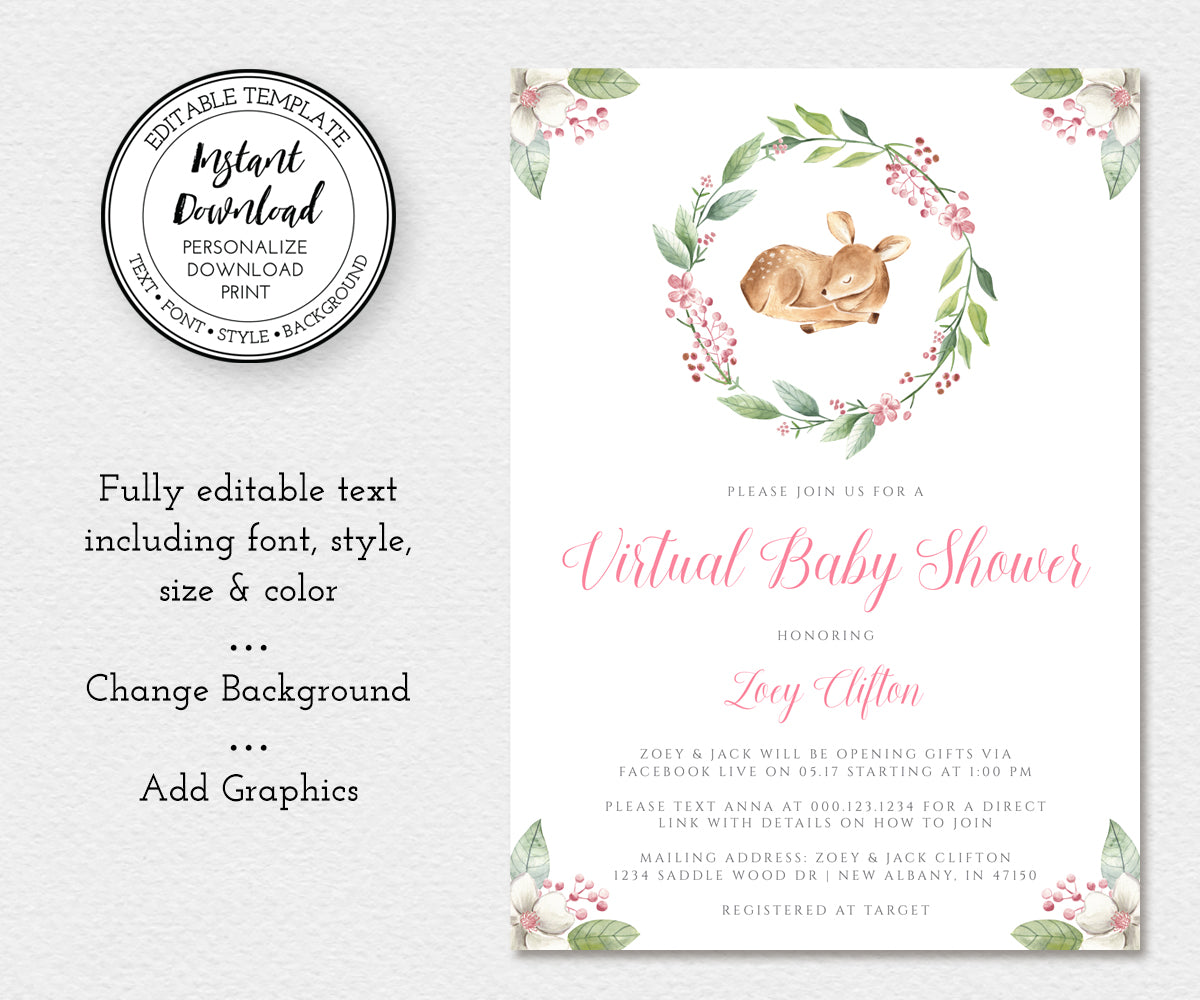 5 x 7", Deer Baby Shower Invitation, Editable Template, Virtual Baby Shower, Social Distancing Shower, Long Distance Shower, Instant Download